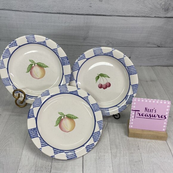 Pfaltzgraff HOPSCOTCH FRUIT Stoneware Blue Checked Rim Salad Lunch Plates Set 3 - Picture 1 of 13